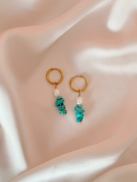 Turquoise & Pearl Hoops - stainless steel 14k gold-plated hoops
