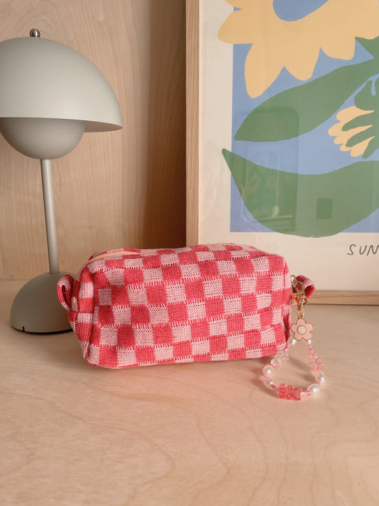 ALIX - pink knitted checkered make-up pouch