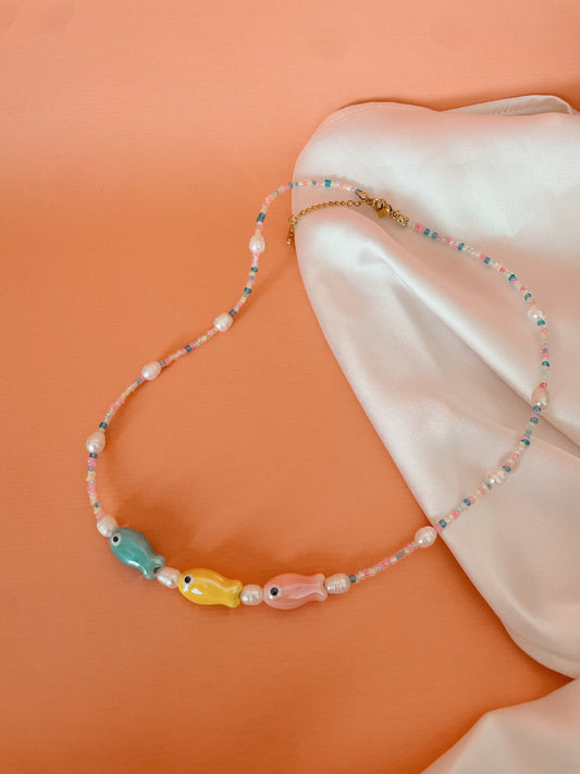 YNA - pastel glass beaded necklace with pearls & ceramic fish charms