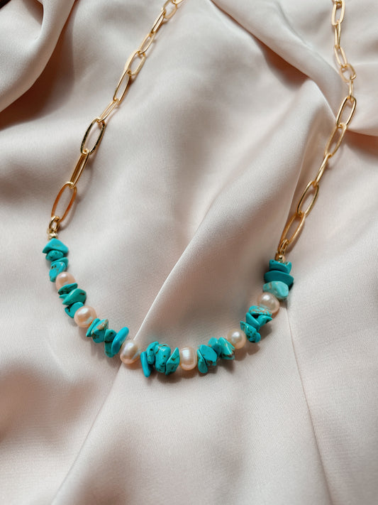 MICHELLE - turquoise shell and freshwater pearls with 14K gold-plated chain necklace