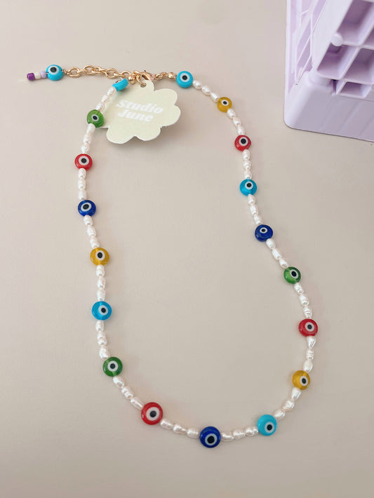 AISHA - pearl necklace with evil eye glass beads