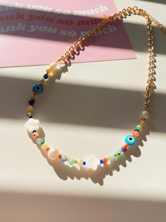 MILLIE necklace - 14k gold plated necklace with Millefiori glass beads and pearls